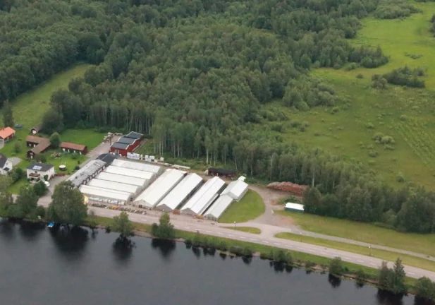 Torsångs Handelsträdgård från luften: växthusen vid vattnet i Torsång